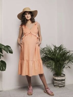 Bump & Milk Midi Maternity Nursing Dress In Orange Peach SZ XS